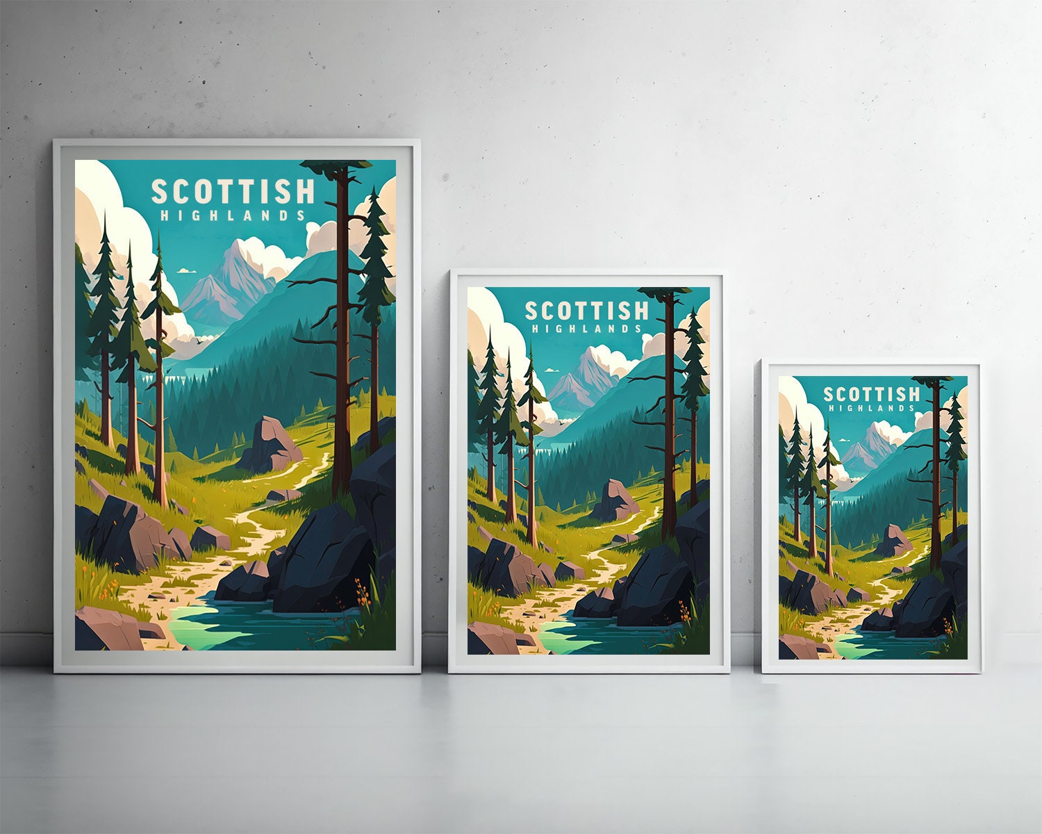 Framed Scottish Highlands Travel Poster in Portrait orientation, minimal background, close up wall art print 3