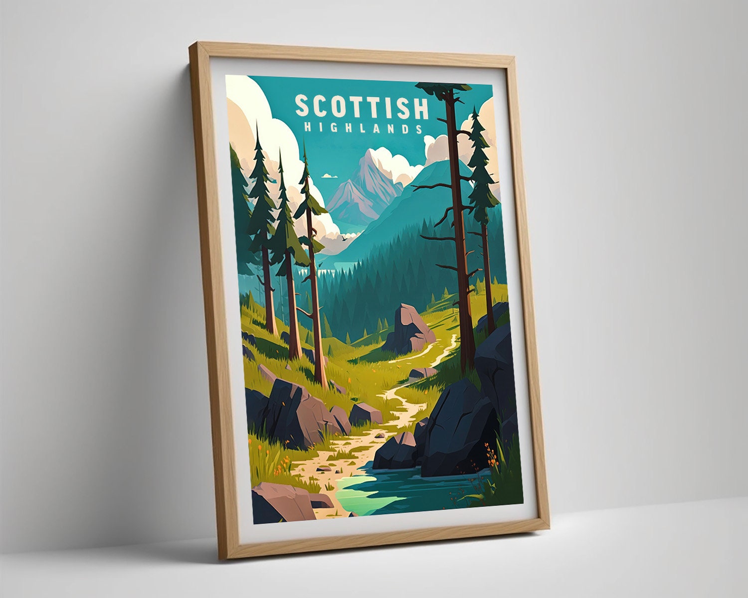 Framed Scottish Highlands Travel Poster in Portrait orientation, minimal background, close up wall art print 4