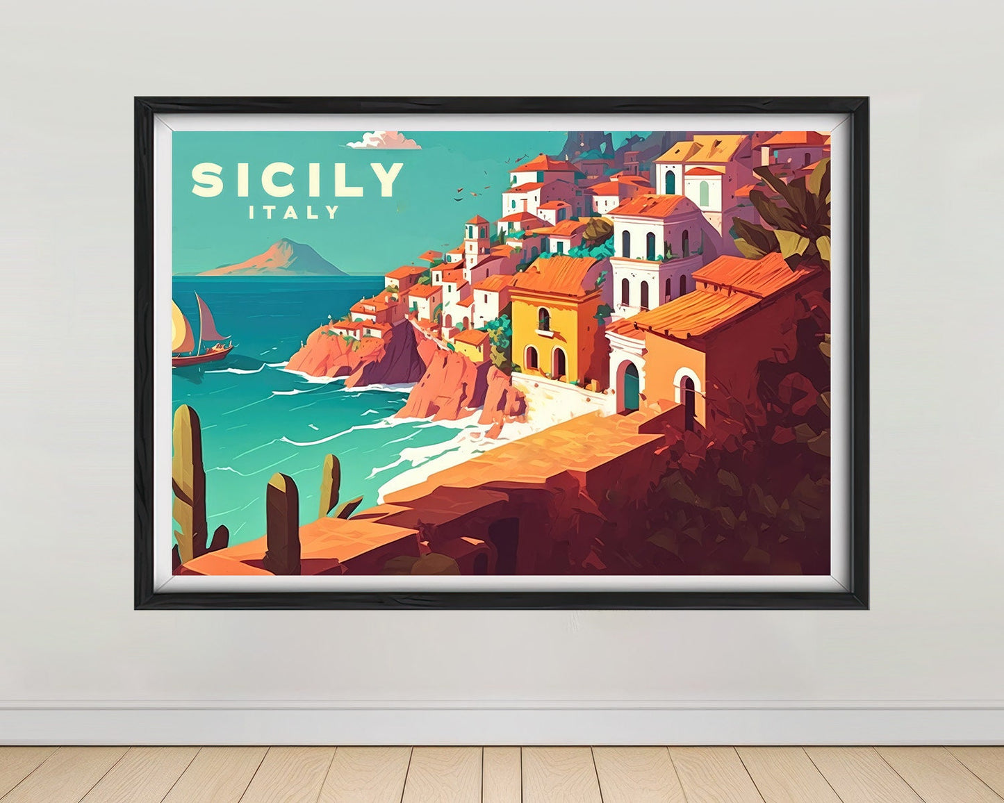 Framed Sicily Italy Travel Poster in Landscape orientation, minimal background, close up wall art print 1