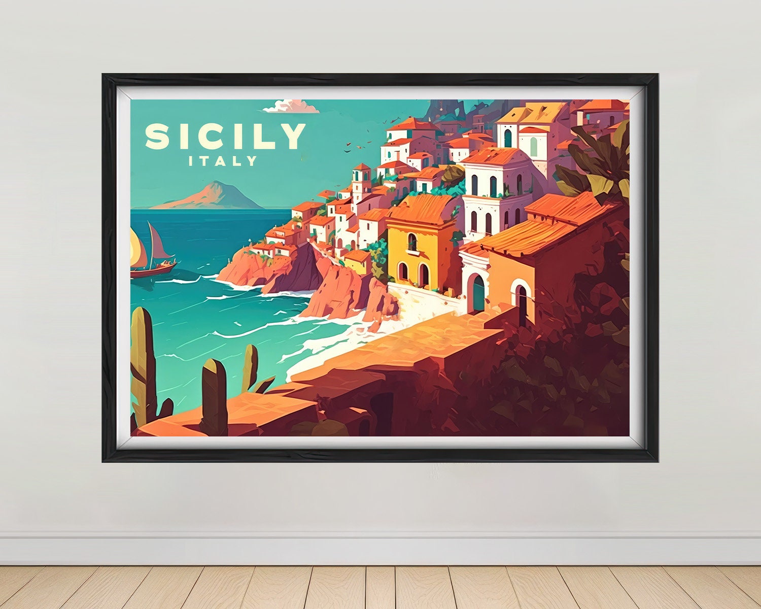 Framed Sicily Italy Travel Poster in Landscape orientation, minimal background, close up wall art print 1