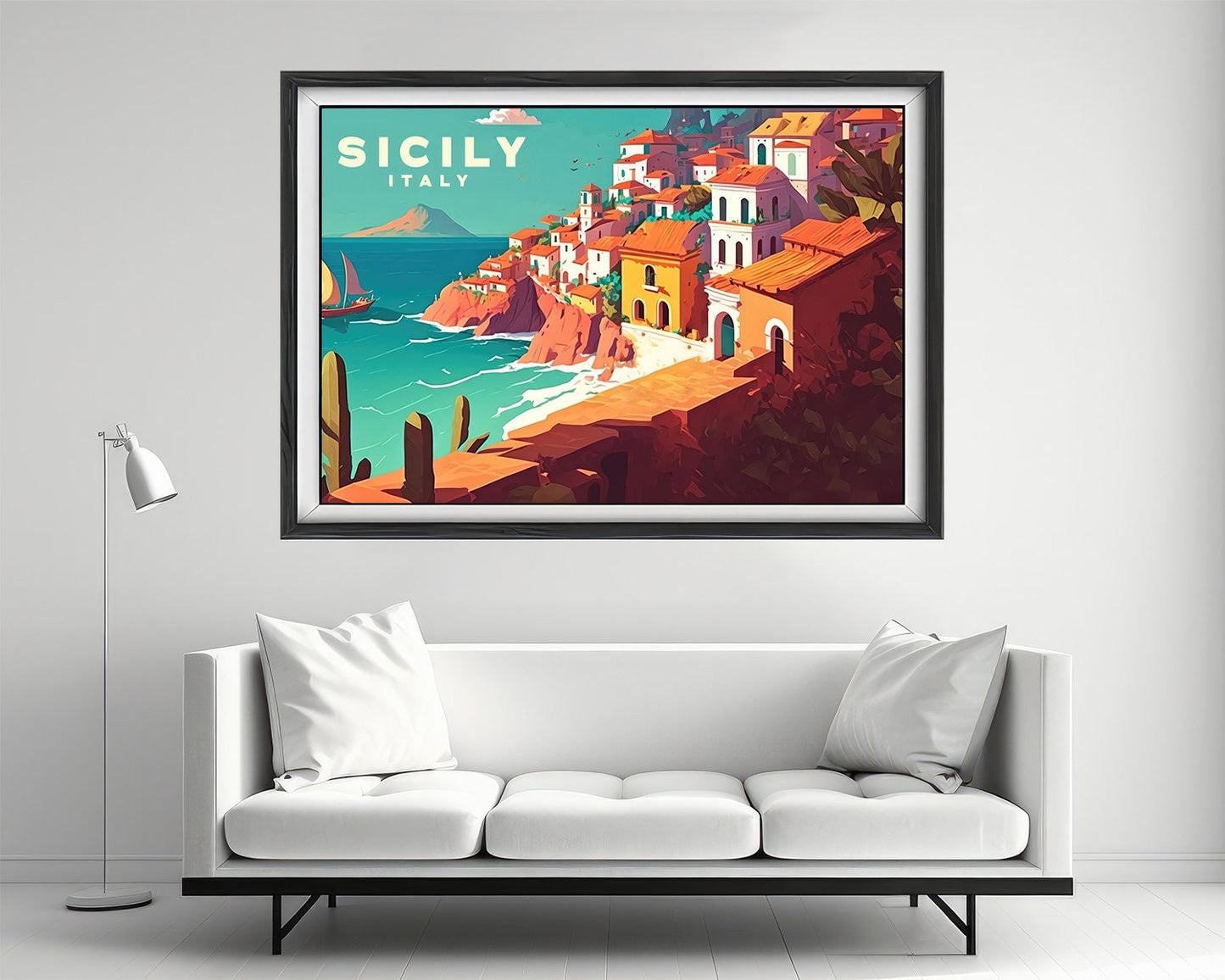 Framed Sicily Italy Travel Poster in Landscape orientation, minimal background, close up wall art print 2