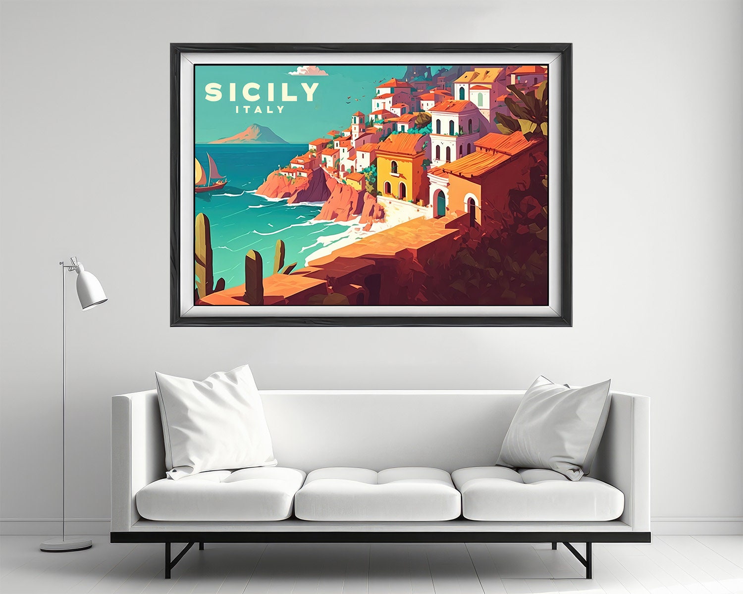 Framed Sicily Italy Travel Poster in Landscape orientation, minimal background, close up wall art print 2