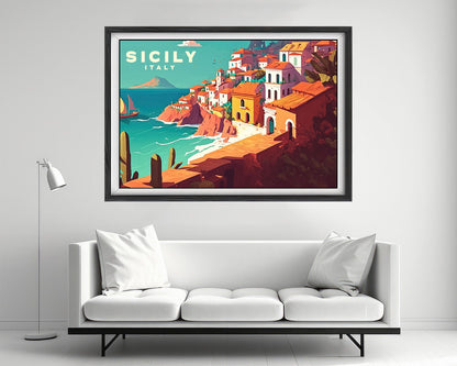 Framed Sicily Italy Travel Poster in Landscape orientation, minimal background, close up wall art print 2
