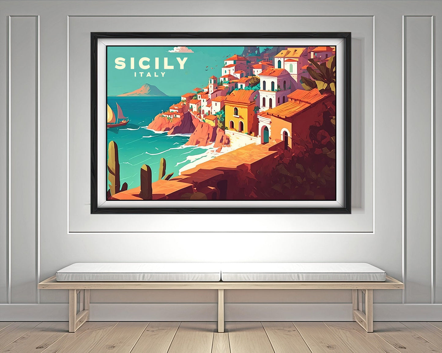 Framed Sicily Italy Travel Poster in Landscape orientation, minimal background, close up wall art print 3