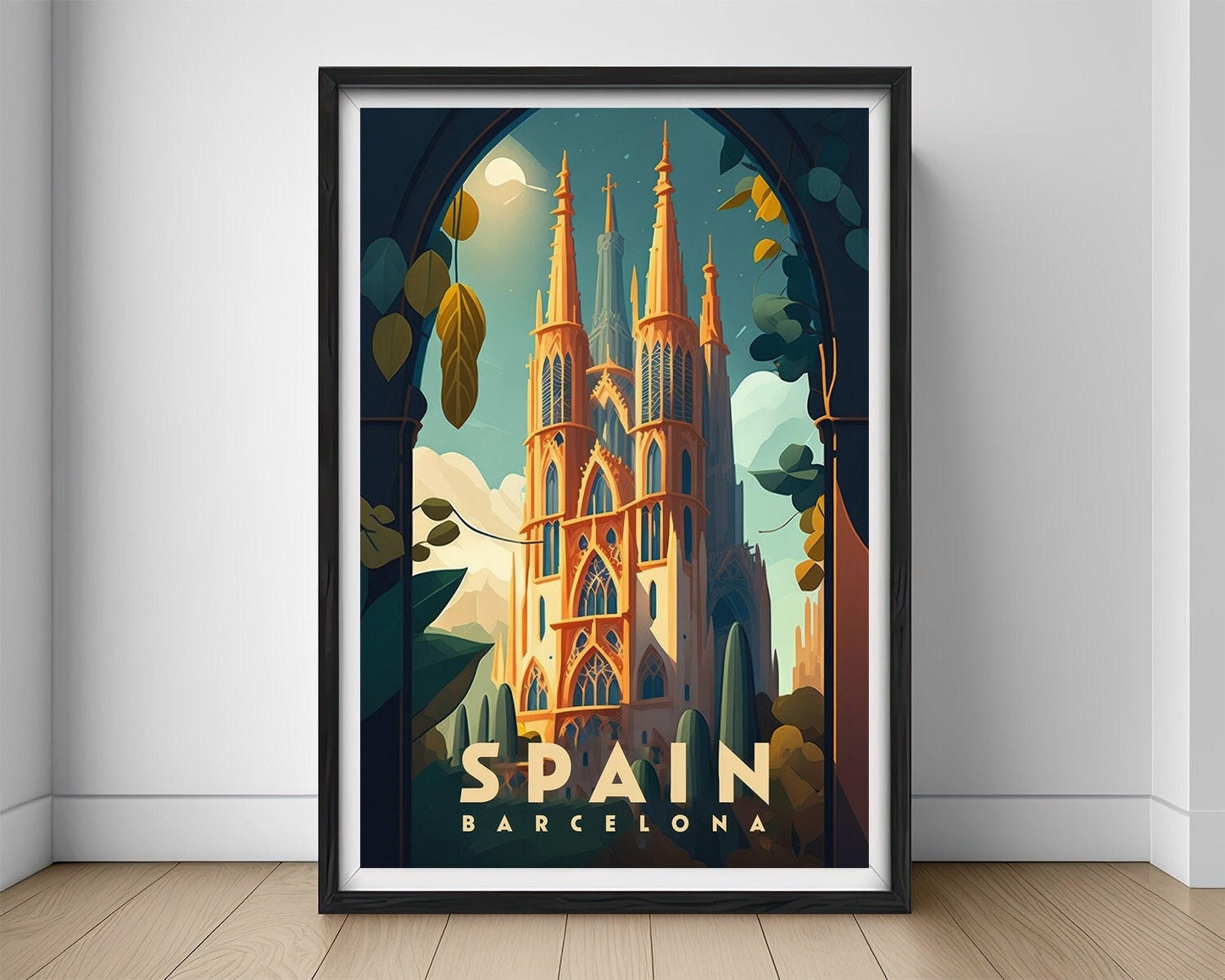 Framed Spain Barcelona Travel Poster in Portrait orientation, minimal background, close up wall art print 1