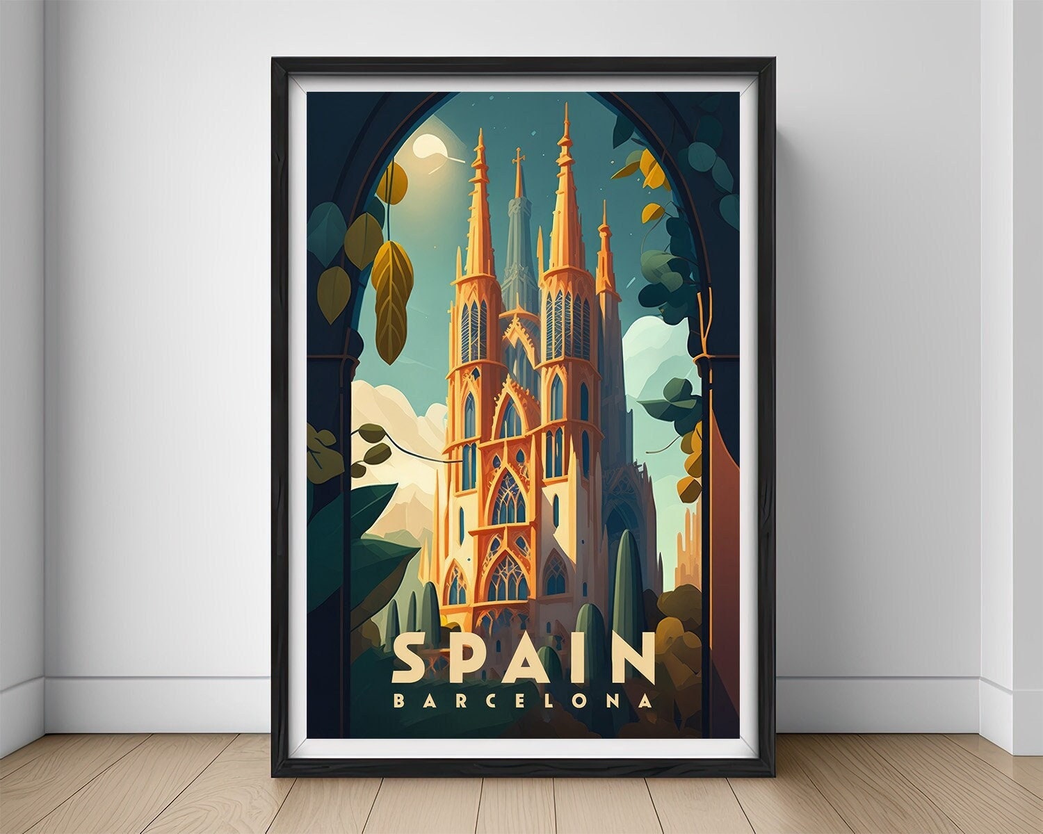 Framed Spain Barcelona Travel Poster in Portrait orientation, minimal background, close up wall art print 1