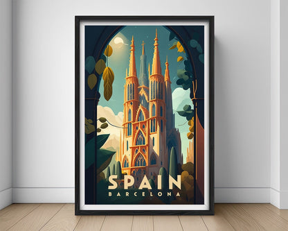 Framed Spain Barcelona Travel Poster in Portrait orientation, minimal background, close up wall art print 1