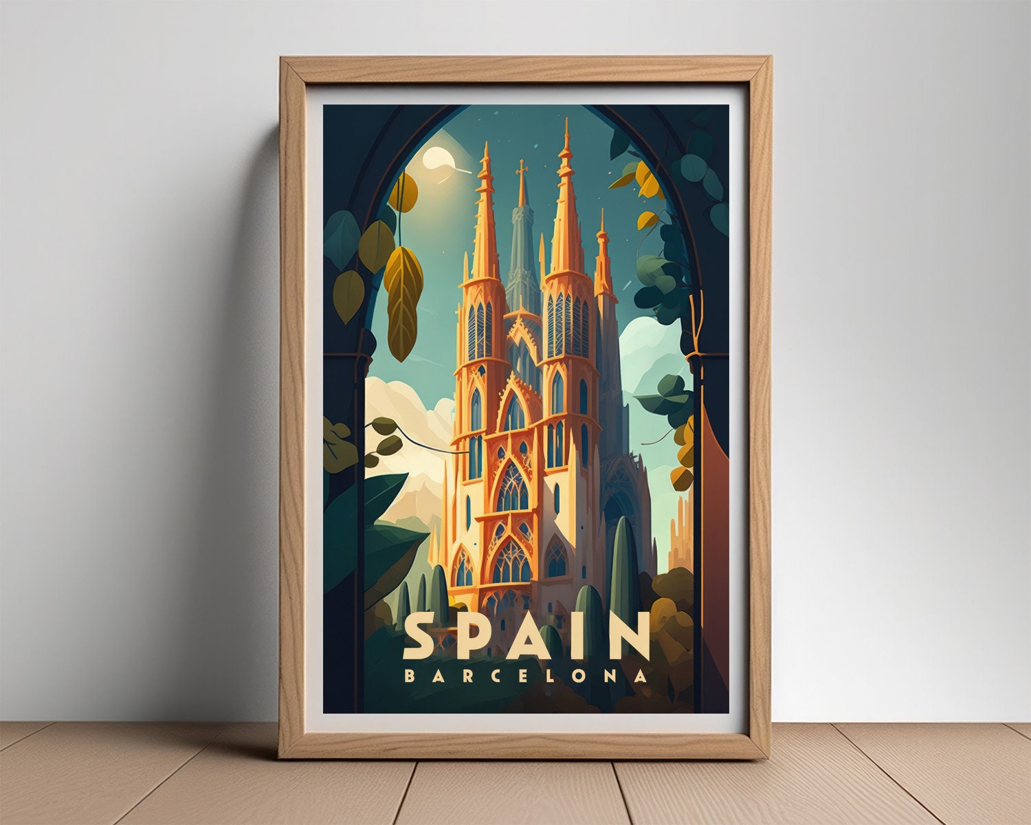Framed Spain Barcelona Travel Poster in Portrait orientation, minimal background, close up wall art print 2