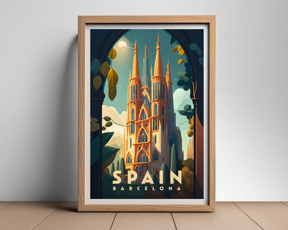 Framed Spain Barcelona Travel Poster in Portrait orientation, minimal background, close up wall art print 2