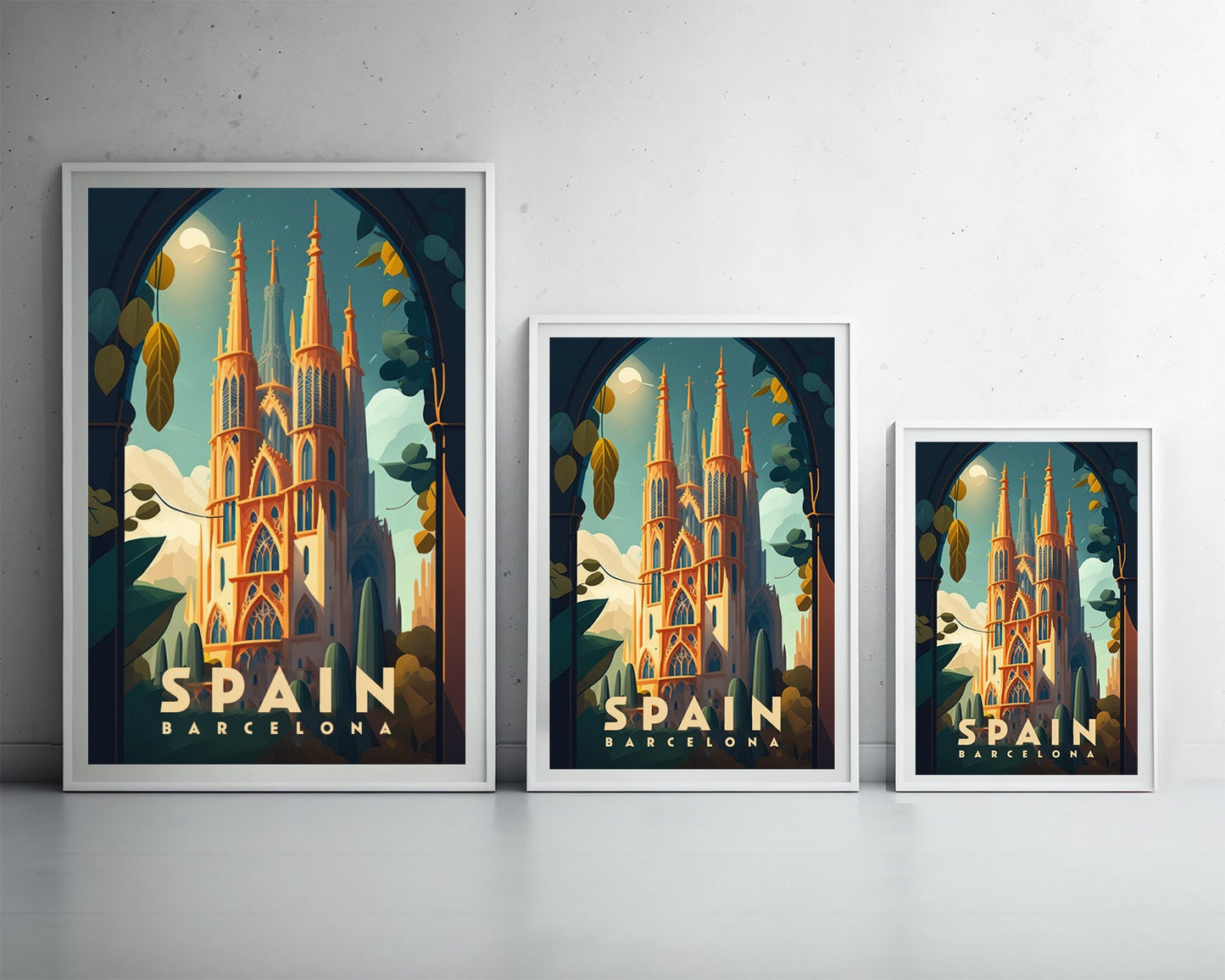 Framed Spain Barcelona Travel Poster in Portrait orientation, minimal background, close up wall art print 3