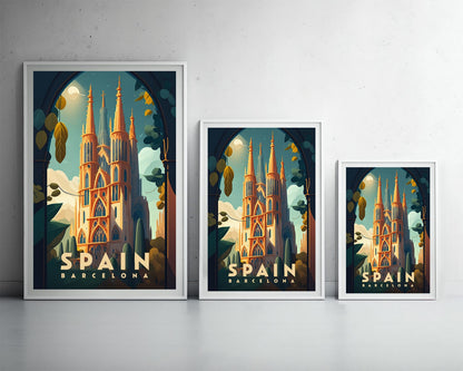 Framed Spain Barcelona Travel Poster in Portrait orientation, minimal background, close up wall art print 3