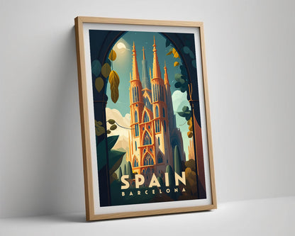 Framed Spain Barcelona Travel Poster in Portrait orientation, minimal background, close up wall art print 4