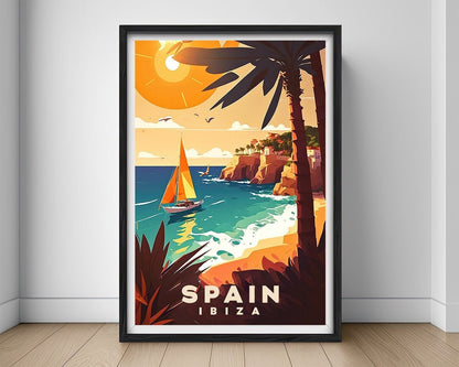 Framed Spain Ibiza Travel Poster in Portrait orientation, minimal background, close up wall art print 1