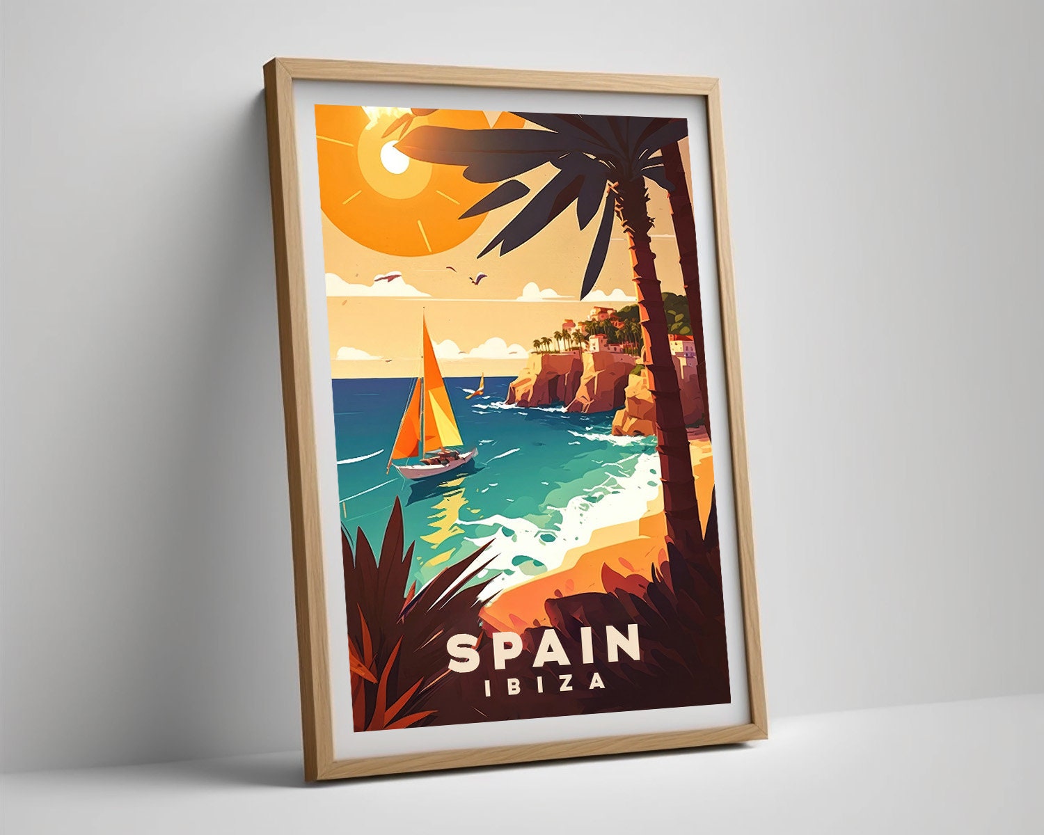 Framed Spain Ibiza Travel Poster in Portrait orientation, minimal background, close up wall art print 4