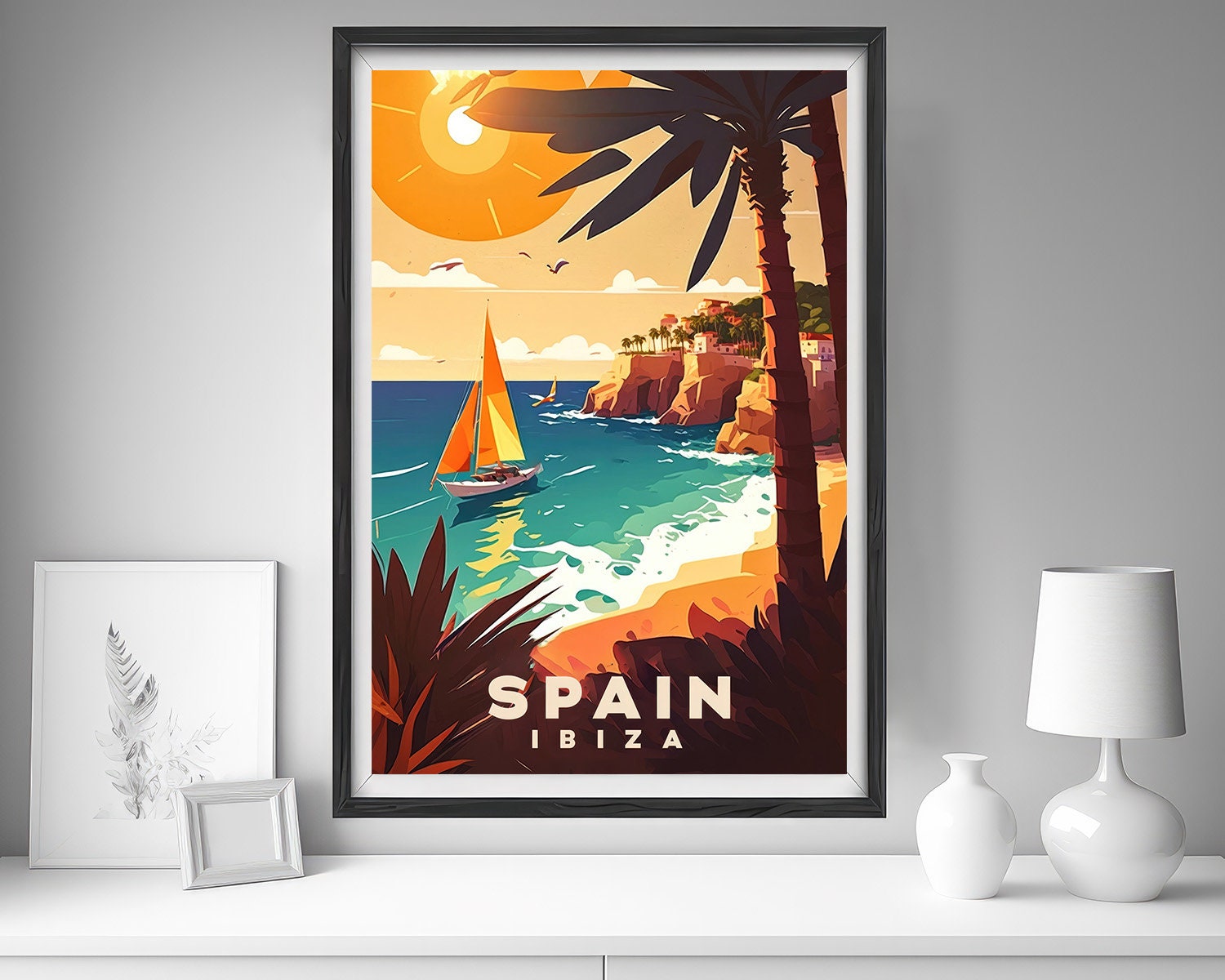 Framed Spain Ibiza Travel Poster in Portrait orientation, minimal background, close up wall art print 5