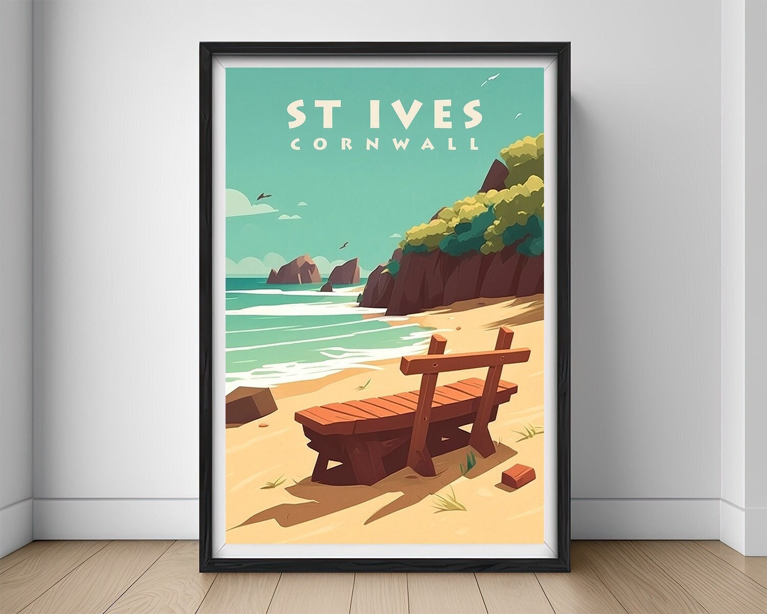 Framed St Ives Cornwall Travel Poster in Portrait orientation, minimal background, close up wall art print 1