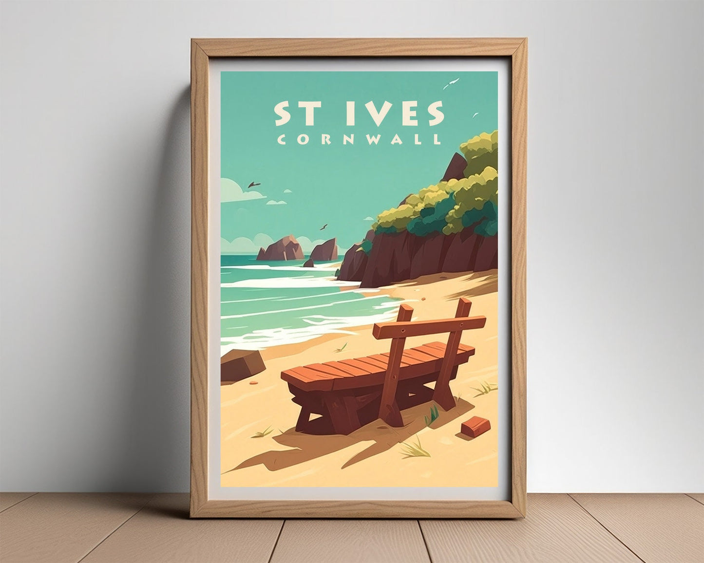 Framed St Ives Cornwall Travel Poster in Portrait orientation, minimal background, close up wall art print 2