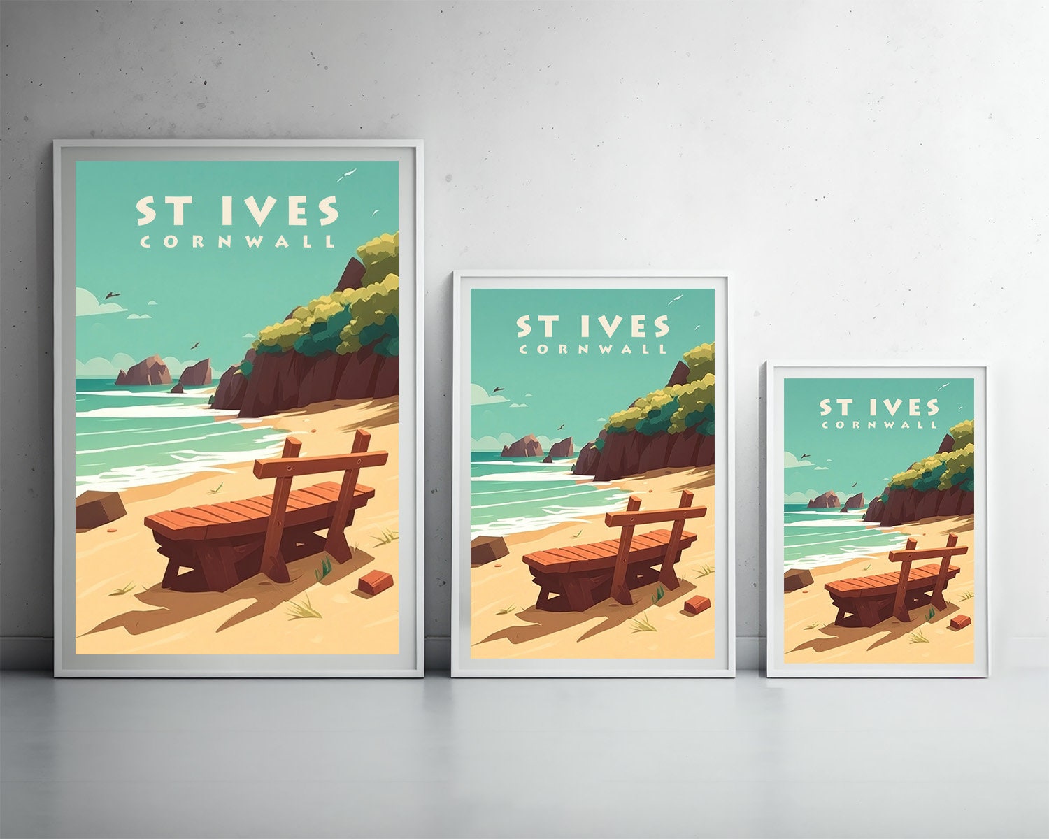 Framed St Ives Cornwall Travel Poster in Portrait orientation, minimal background, close up wall art print 3