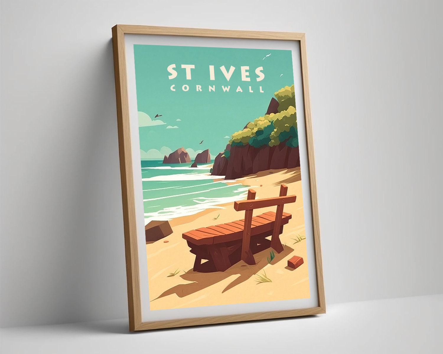 Framed St Ives Cornwall Travel Poster in Portrait orientation, minimal background, close up wall art print 4