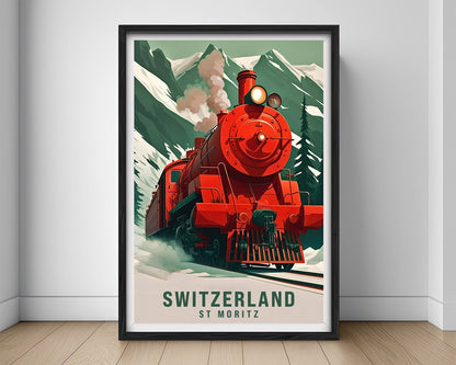 Framed Switzerland St Moritz Travel Poster in Portrait orientation, minimal background, close up wall art print 1