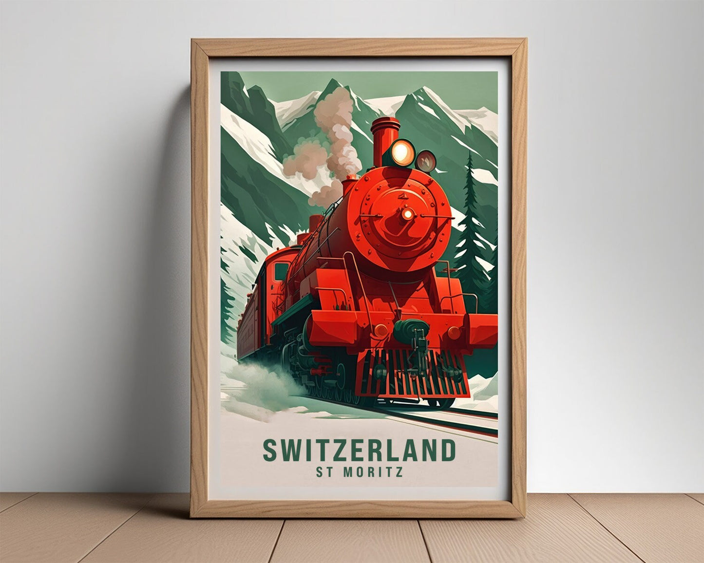 Framed Switzerland St Moritz Travel Poster in Portrait orientation, minimal background, close up wall art print 2