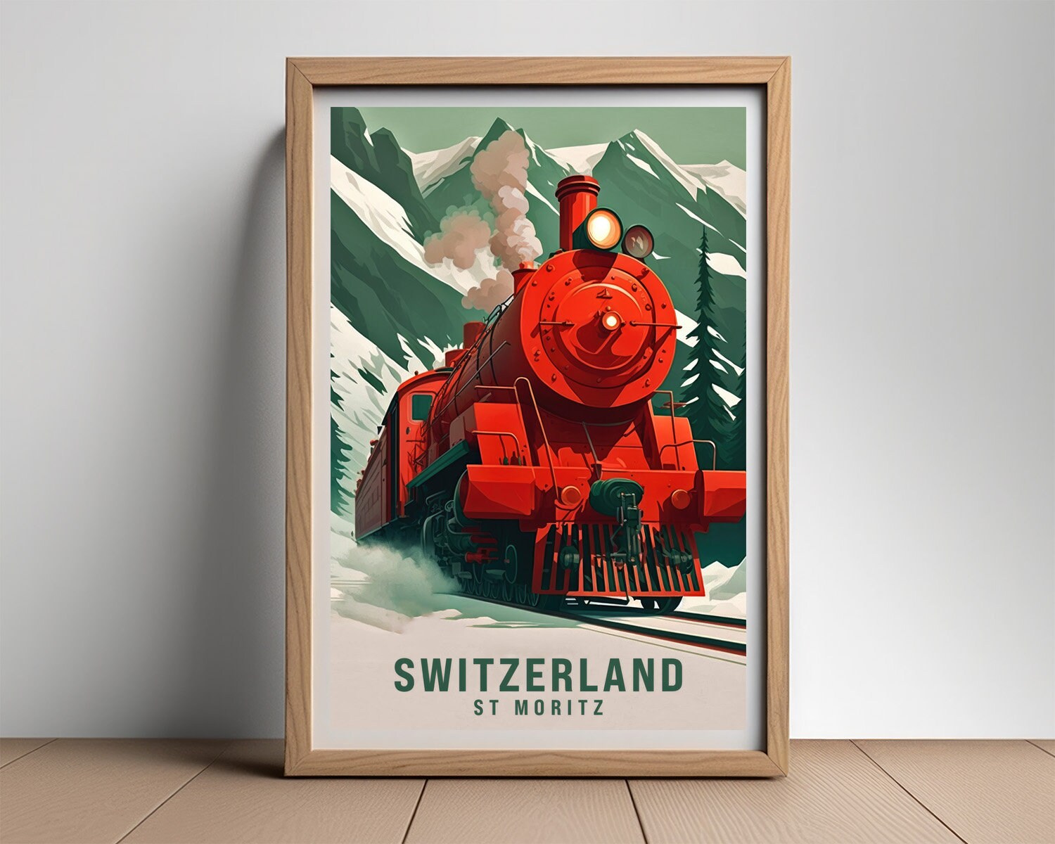 Framed Switzerland St Moritz Travel Poster in Portrait orientation, minimal background, close up wall art print 2