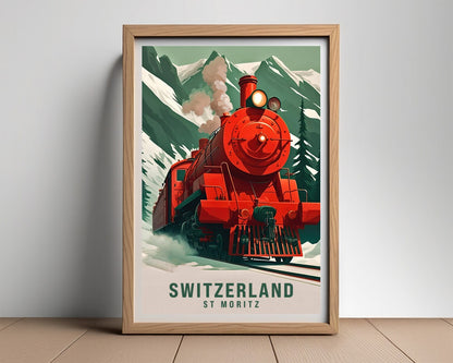 Framed Switzerland St Moritz Travel Poster in Portrait orientation, minimal background, close up wall art print 2