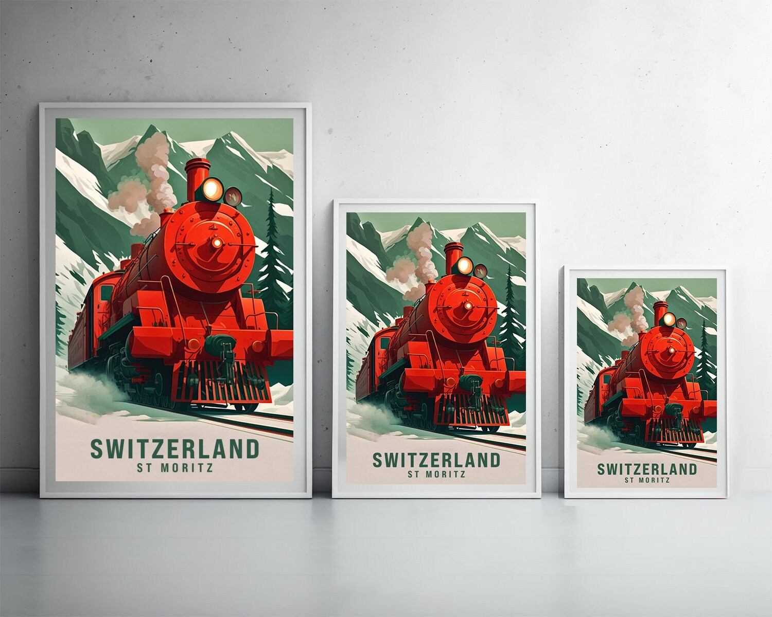 Framed Switzerland St Moritz Travel Poster in Portrait orientation, minimal background, close up wall art print 3