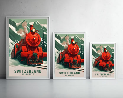 Framed Switzerland St Moritz Travel Poster in Portrait orientation, minimal background, close up wall art print 3