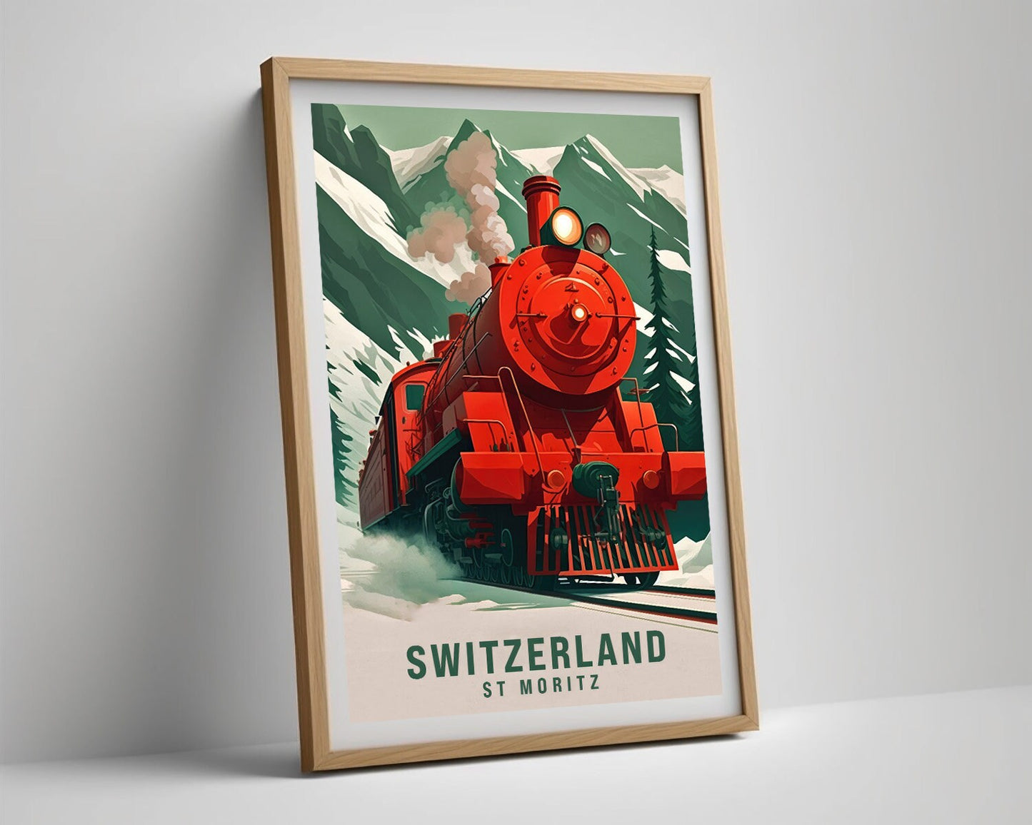 Framed Switzerland St Moritz Travel Poster in Portrait orientation, minimal background, close up wall art print 4