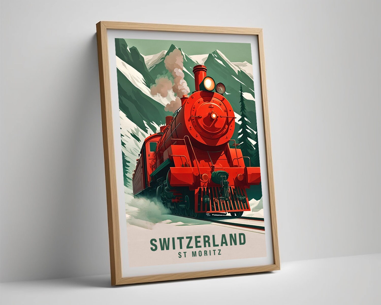Framed Switzerland St Moritz Travel Poster in Portrait orientation, minimal background, close up wall art print 4