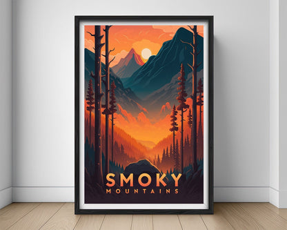 Framed The Great Smoky Mountains Travel Poster in Portrait orientation, minimal background, close up wall art print 1