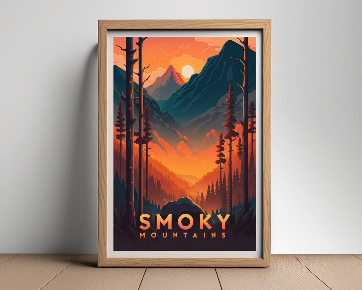 Framed The Great Smoky Mountains Travel Poster in Portrait orientation, minimal background, close up wall art print 2