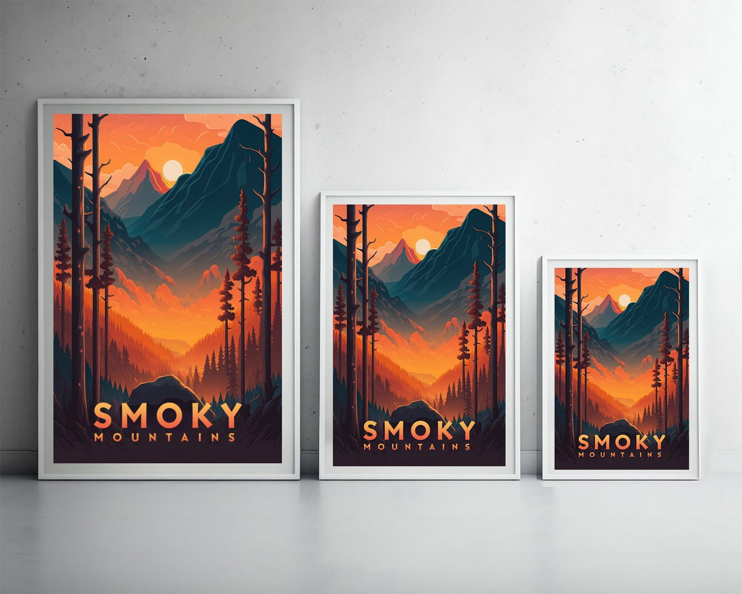 Framed The Great Smoky Mountains Travel Poster in Portrait orientation, minimal background, close up wall art print 3