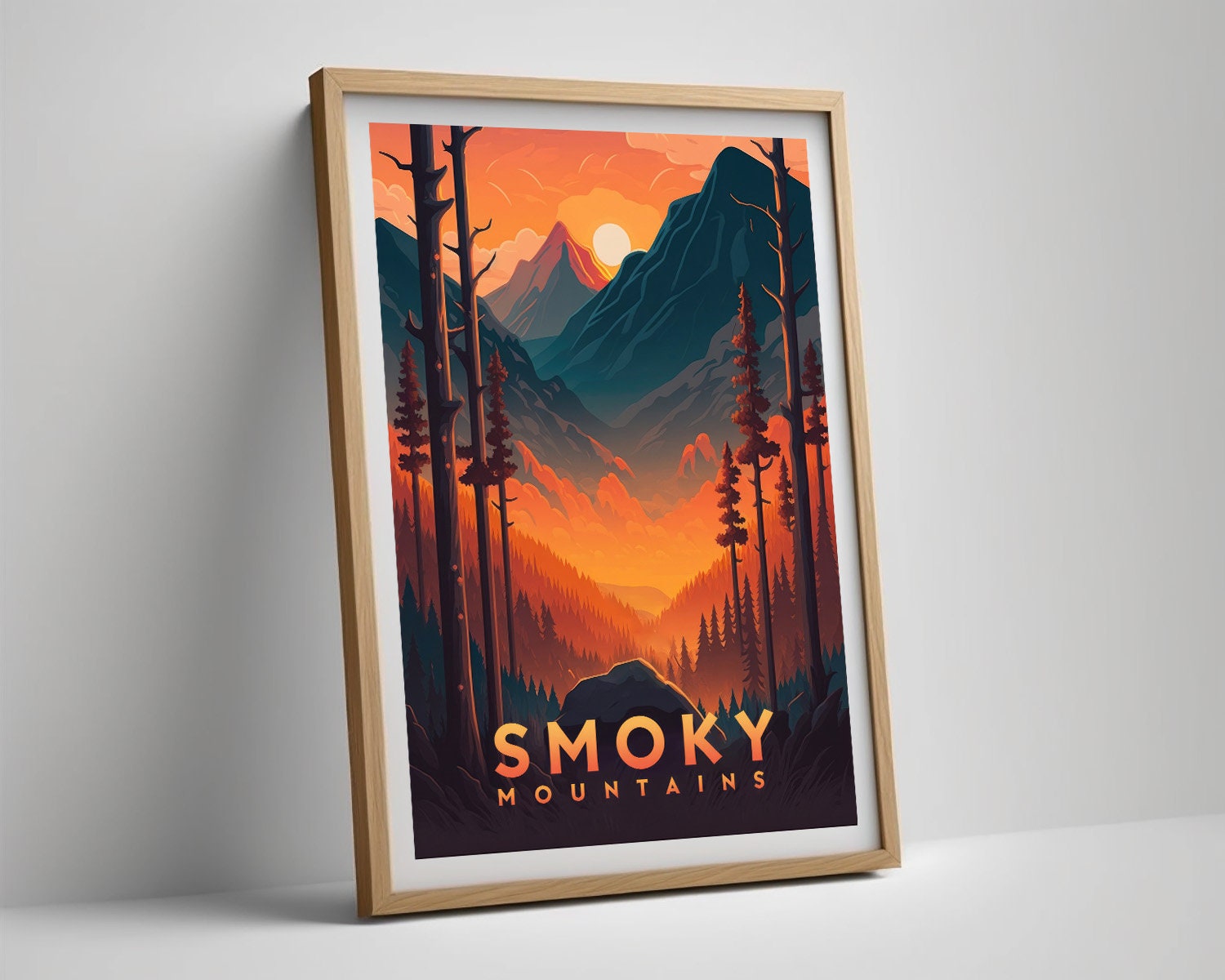 Framed The Great Smoky Mountains Travel Poster in Portrait orientation, minimal background, close up wall art print 4