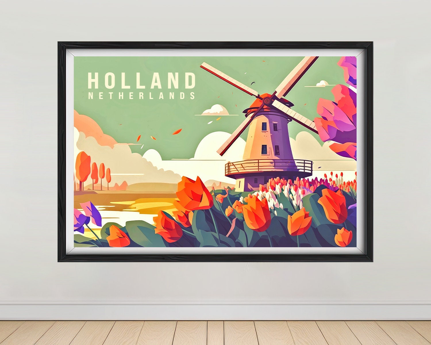 Framed The Netherlands Holland Travel Poster in Landscape orientation, minimal background, close up wall art print 1