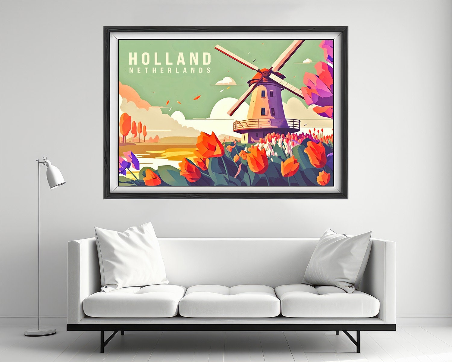 Framed The Netherlands Holland Travel Poster in Landscape orientation, minimal background, close up wall art print 2