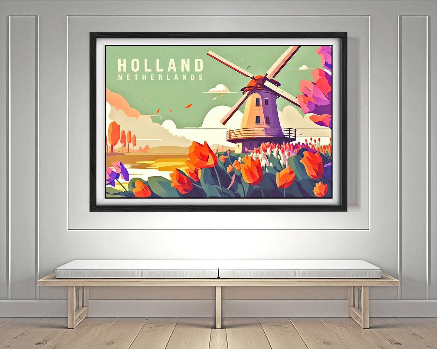 Framed The Netherlands Holland Travel Poster in Landscape orientation, minimal background, close up wall art print 3