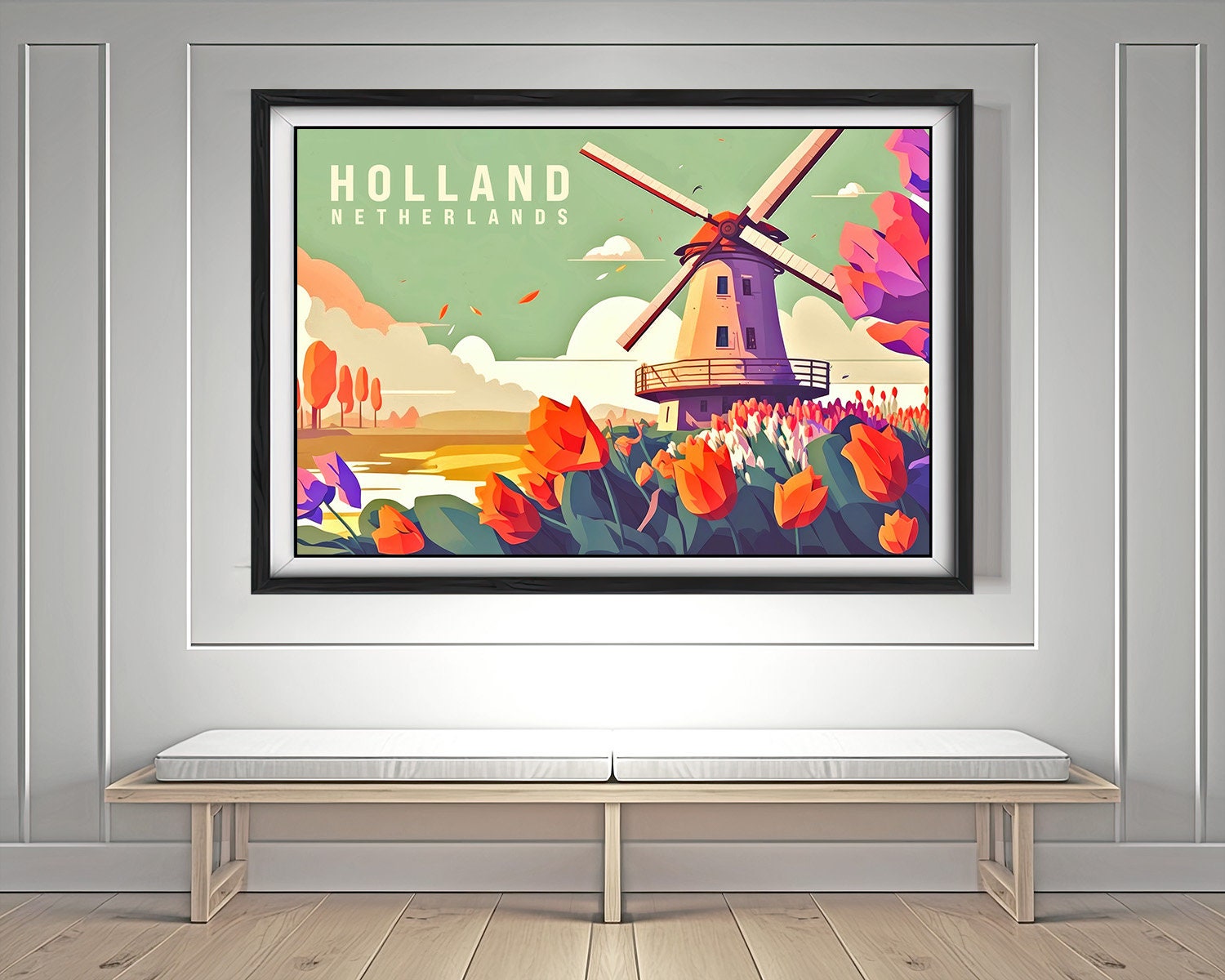 Framed The Netherlands Holland Travel Poster in Landscape orientation, minimal background, close up wall art print 3