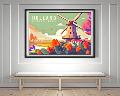 Framed The Netherlands Holland Travel Poster in Landscape orientation, minimal background, close up wall art print 3