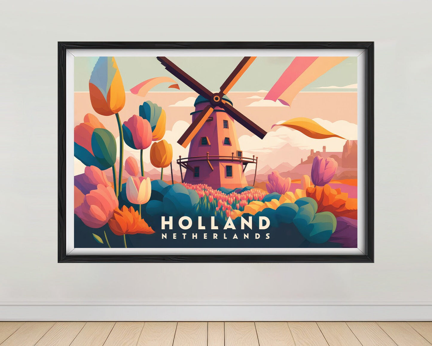 Framed The Netherlands Travel Poster in Landscape orientation, minimal background, close up wall art print 1