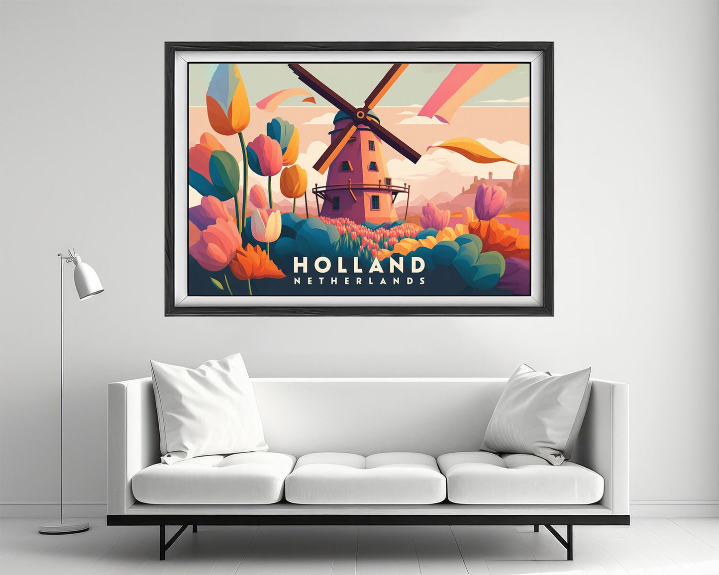 Framed The Netherlands Travel Poster in Landscape orientation, minimal background, close up wall art print 2