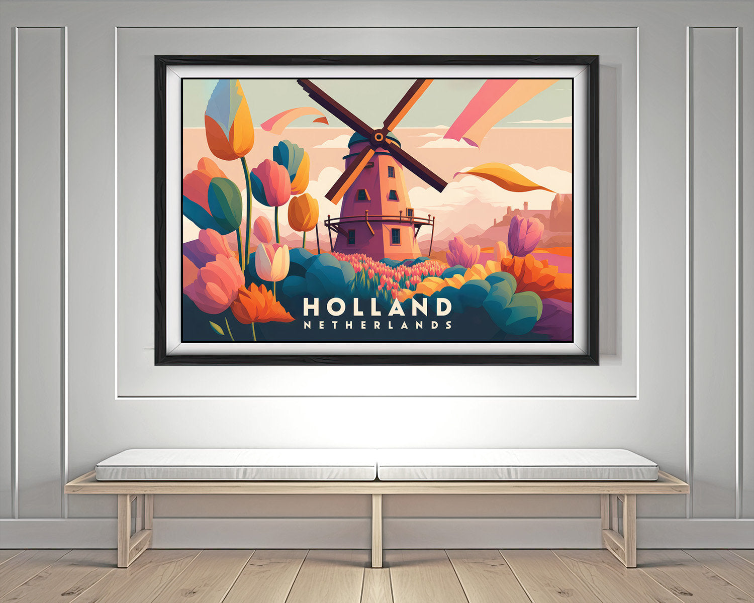Framed The Netherlands Travel Poster in Landscape orientation, minimal background, close up wall art print 3