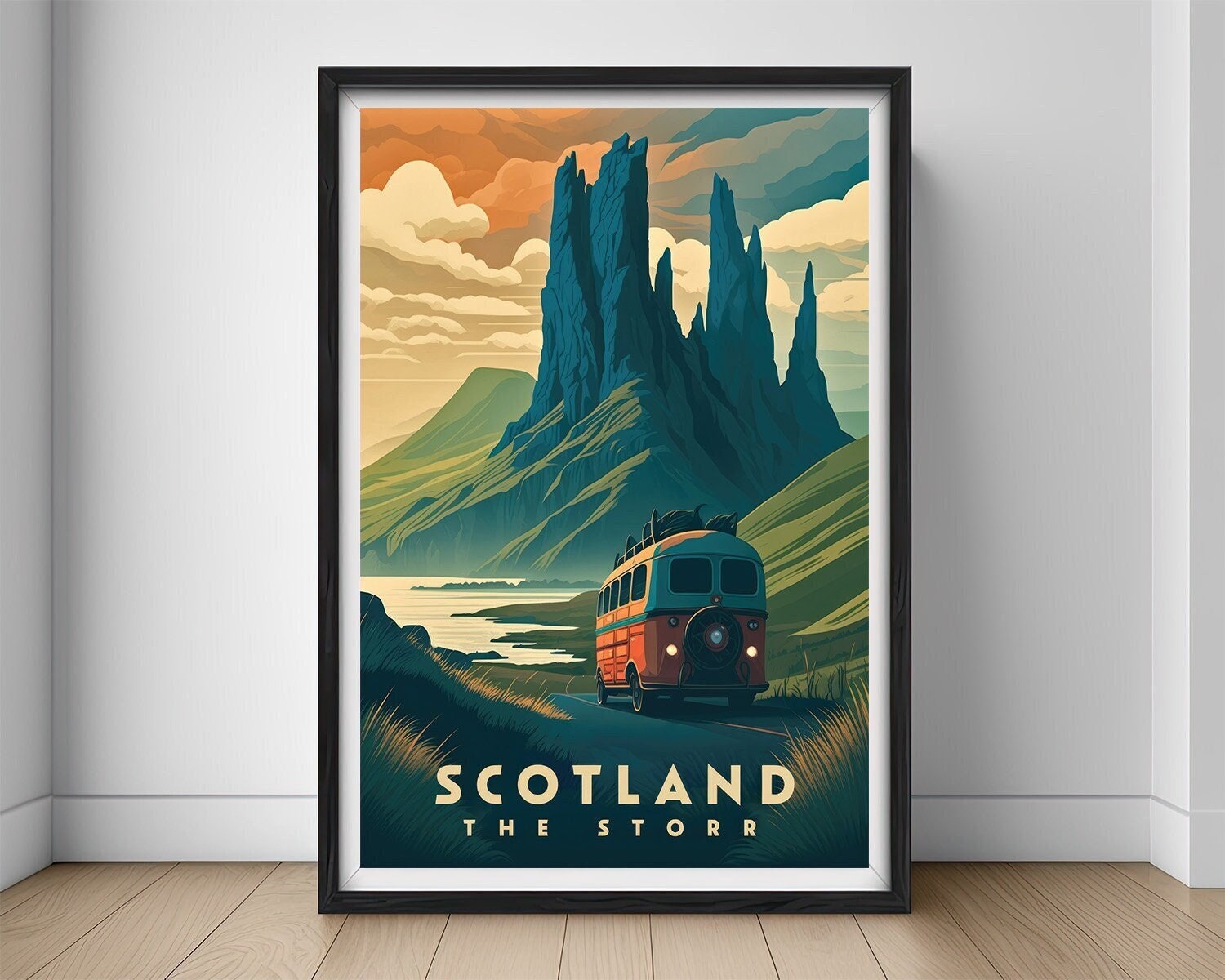 Framed The Storr Scotland Travel Poster in Portrait orientation, minimal background, close up wall art print 1