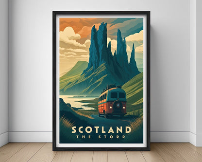 Framed The Storr Scotland Travel Poster in Portrait orientation, minimal background, close up wall art print 1