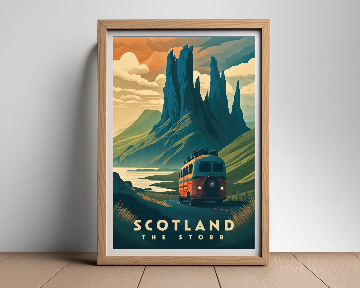 Framed The Storr Scotland Travel Poster in Portrait orientation, minimal background, close up wall art print 2