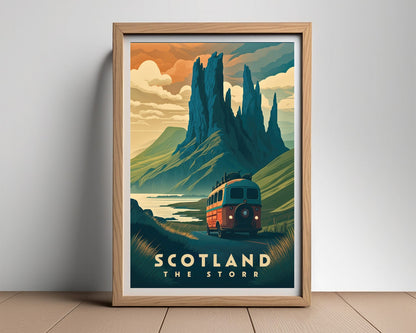 Framed The Storr Scotland Travel Poster in Portrait orientation, minimal background, close up wall art print 2
