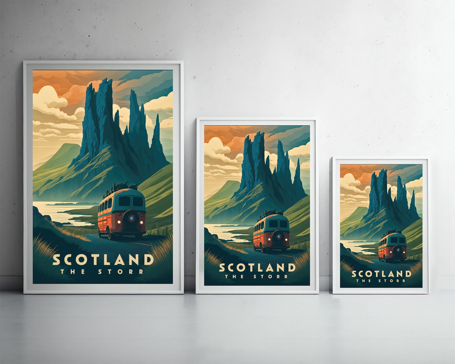 Framed The Storr Scotland Travel Poster in Portrait orientation, minimal background, close up wall art print 3
