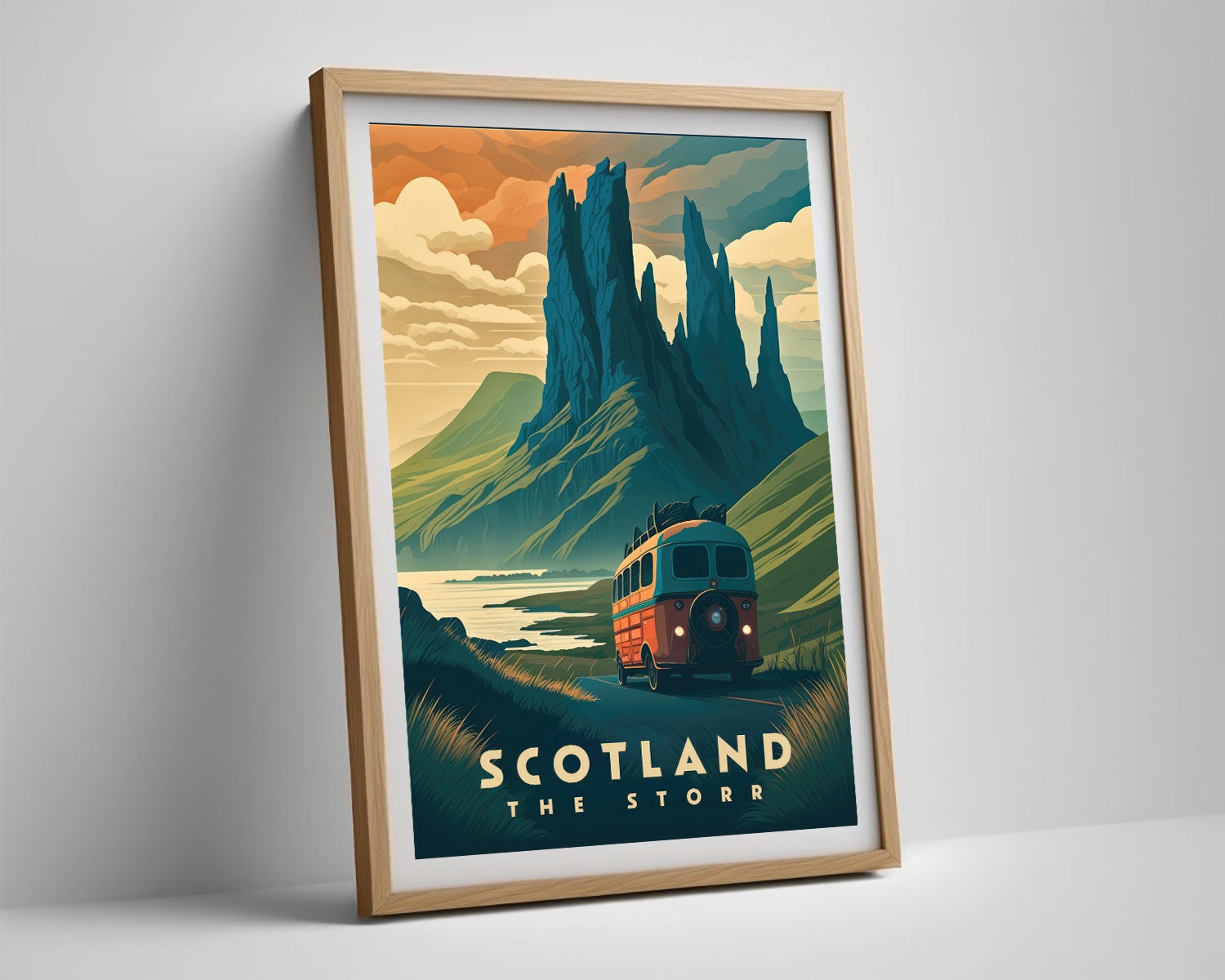 Framed The Storr Scotland Travel Poster in Portrait orientation, minimal background, close up wall art print 4