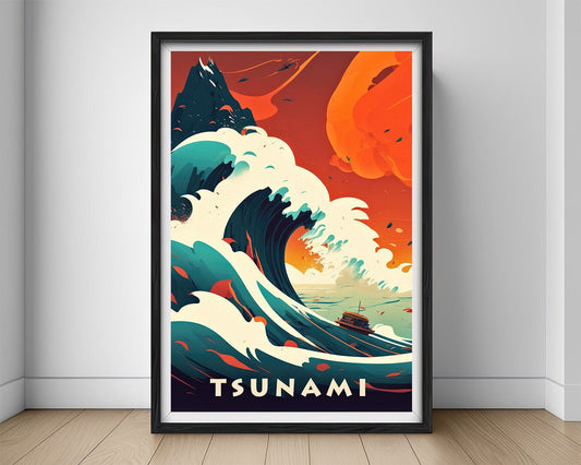 Framed Tsunami Travel Poster in Portrait orientation, minimal background, close up wall art print 1